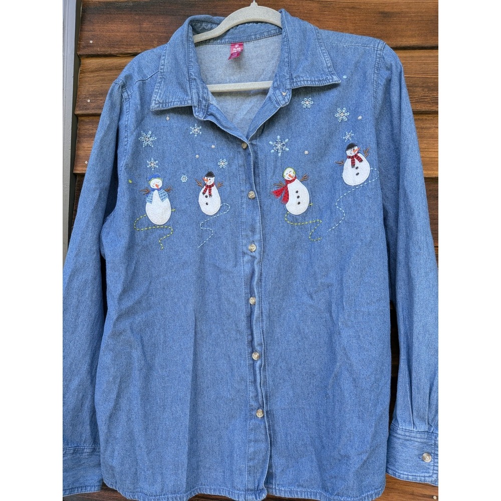 Snowman Denim Holiday Edition Denim Christmas Button Down Shirt Size XL ArtY Fun